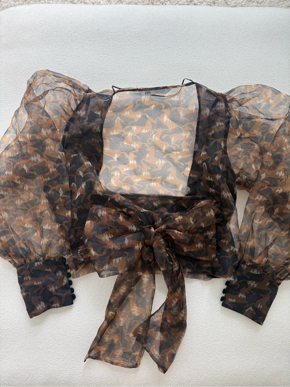 Zara Brown and Black Sheer Puff-Sleeve Tie-Front Blouse